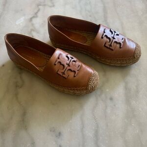 Tory Burch Brown Leather Espadrilles with Embroidered Design